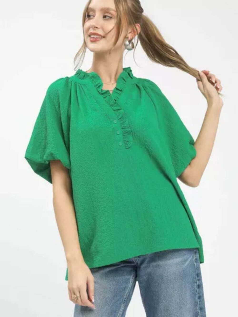 Umgee Puff Sleeve Ruffle Neck Tunic Blouse